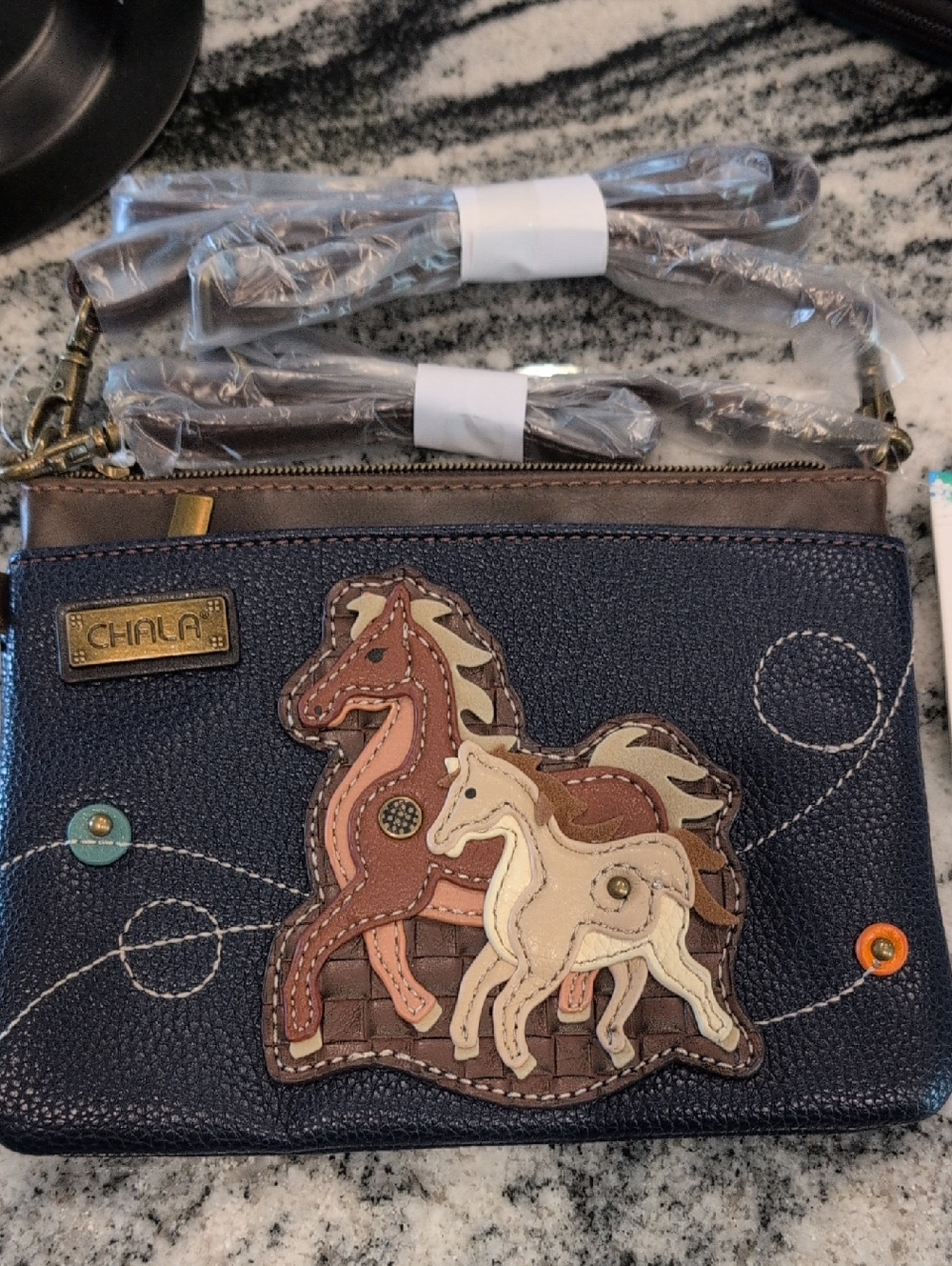 Chala Navy Leather Wristlet with Horse and Foal Appliqué